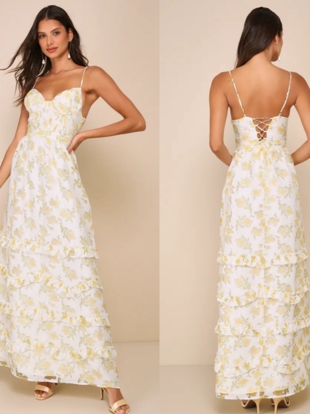 NEW Lulus Gorgeous Occasion Floral Burnout Lace-Up Tiered Yellow Maxi Dress, M
